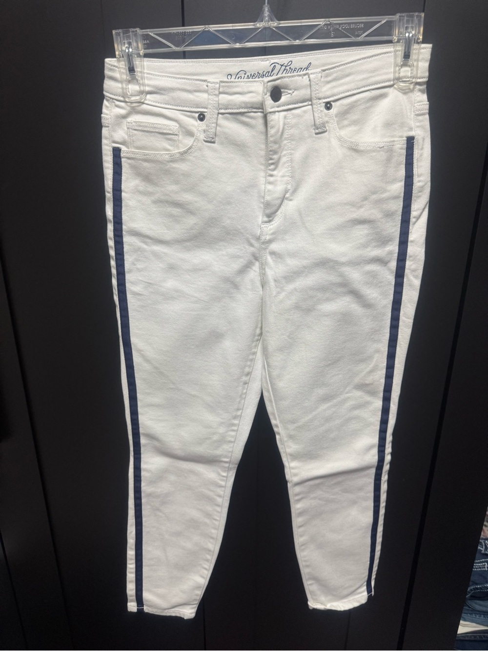 Universal Thread White Skinny Jeans with Navy Side Stripes
